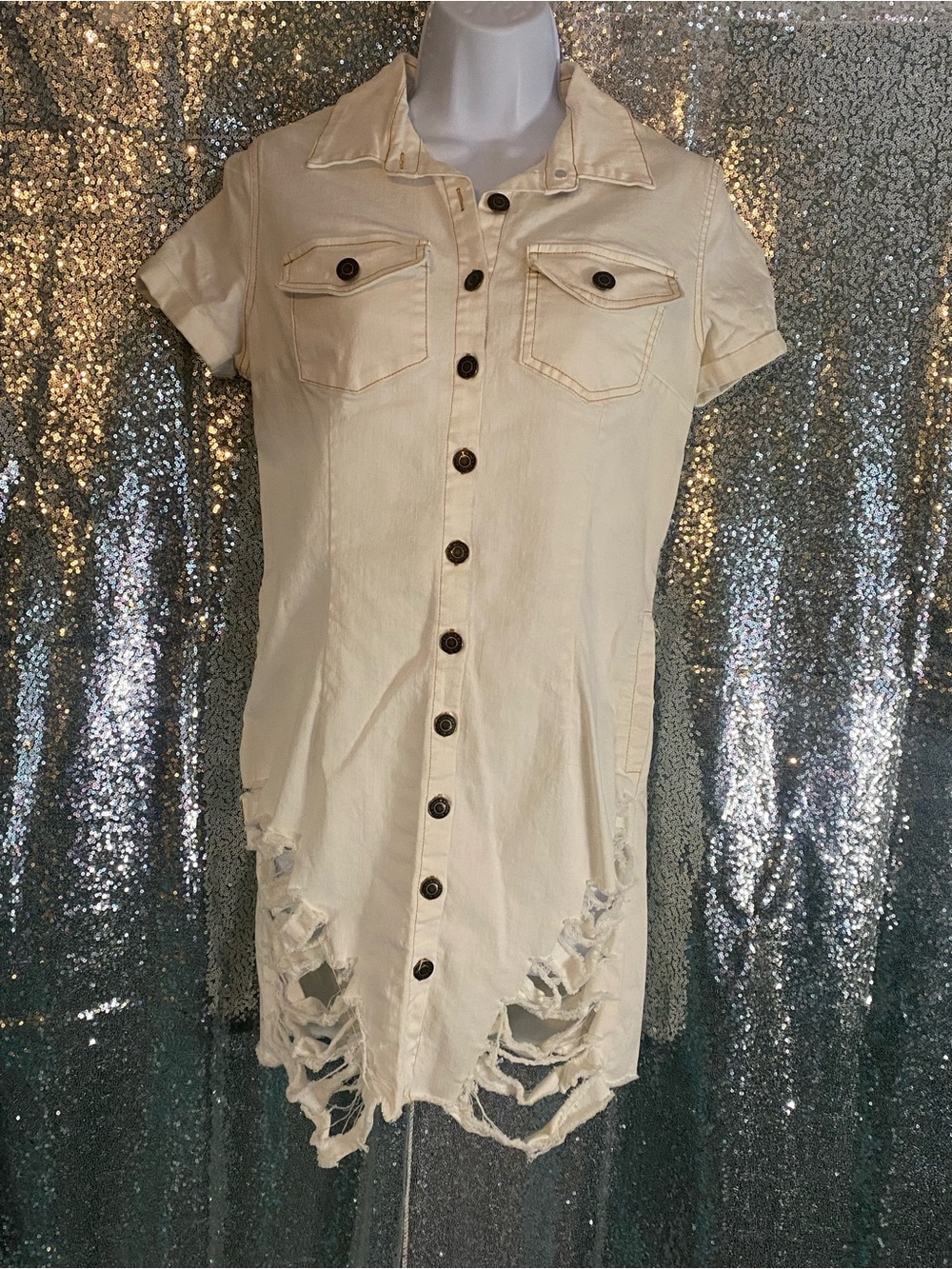 ✨🤍MEBON Distressed White Demin Dress-Rebel in Ivory🤍✨Shirt Dress